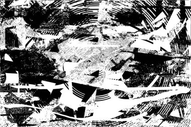 Siyah beyaz desenli, noktalı, lekeli, çizik ve çizikli sıkıntılı bir arkaplan. Soyut vektör illüstrasyonu.