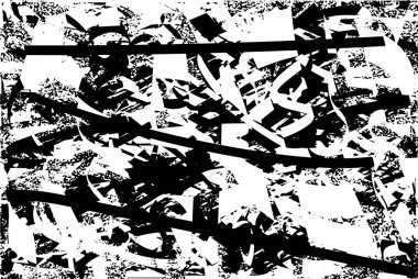 Siyah beyaz desenli, noktalı, lekeli, çizik ve çizikli sıkıntılı bir arkaplan. Soyut vektör illüstrasyonu.