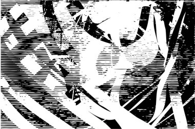 Siyah beyaz desenli, noktalı, lekeli, çizik ve çizikli sıkıntılı bir arkaplan. Soyut vektör illüstrasyonu.