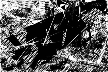 Siyah beyaz desenli, noktalı, lekeli, çizik ve çizikli sıkıntılı bir arkaplan. Soyut vektör illüstrasyonu.