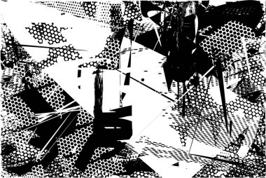 Siyah beyaz desenli, noktalı, lekeli, çizik ve çizikli sıkıntılı bir arkaplan. Soyut vektör illüstrasyonu.