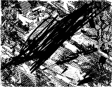 Siyah beyaz desenli, noktalı, lekeli, çizik ve çizikli sıkıntılı bir arkaplan. Soyut vektör illüstrasyonu.