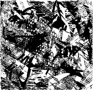 Siyah beyaz desenli, noktalı, lekeli, çizik ve çizikli sıkıntılı bir arkaplan. Soyut vektör illüstrasyonu.