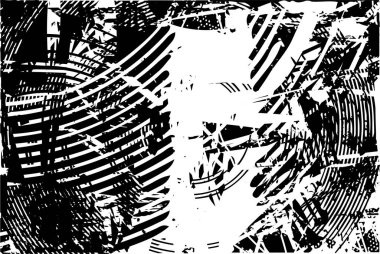 Siyah beyaz desenli, noktalı, lekeli, çizik ve çizikli sıkıntılı bir arkaplan. Soyut vektör illüstrasyonu.