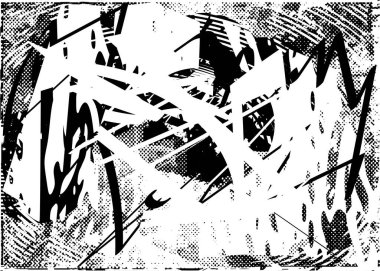 Siyah beyaz desenli, noktalı, lekeli, çizik ve çizikli sıkıntılı bir arkaplan. Soyut vektör illüstrasyonu.