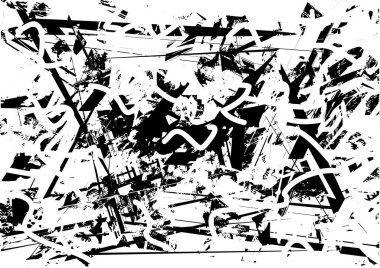 Siyah beyaz desenli, noktalı, lekeli, çizik ve çizikli sıkıntılı bir arkaplan. Soyut vektör illüstrasyonu.