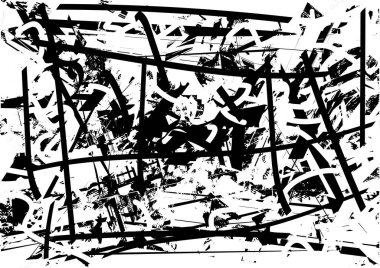 Siyah beyaz desenli, noktalı, lekeli, çizik ve çizikli sıkıntılı bir arkaplan. Soyut vektör illüstrasyonu.