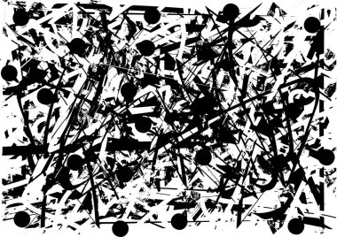 Siyah beyaz desenli, noktalı, lekeli, çizik ve çizikli sıkıntılı bir arkaplan. Soyut vektör illüstrasyonu.