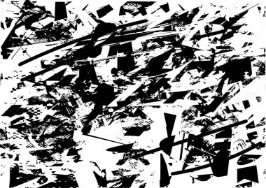 Siyah beyaz desenli, noktalı, lekeli, çizik ve çizikli sıkıntılı bir arkaplan. Soyut vektör illüstrasyonu.