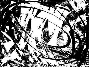 Siyah beyaz desenli, noktalı, lekeli, çizik ve çizikli sıkıntılı bir arkaplan. Soyut vektör illüstrasyonu.