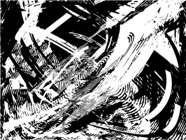 Siyah beyaz desenli, noktalı, lekeli, çizik ve çizikli sıkıntılı bir arkaplan. Soyut vektör illüstrasyonu.