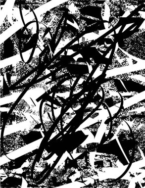 Siyah beyaz desenli, noktalı, lekeli, çizik ve çizikli sıkıntılı bir arkaplan. Soyut vektör illüstrasyonu.