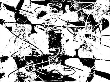 Siyah beyaz desenli, noktalı, lekeli, çizik ve çizikli sıkıntılı bir arkaplan. Soyut vektör illüstrasyonu.