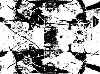 Siyah beyaz desenli, noktalı, lekeli, çizik ve çizikli sıkıntılı bir arkaplan. Soyut vektör illüstrasyonu.