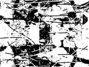 Siyah beyaz desenli, noktalı, lekeli, çizik ve çizikli sıkıntılı bir arkaplan. Soyut vektör illüstrasyonu.