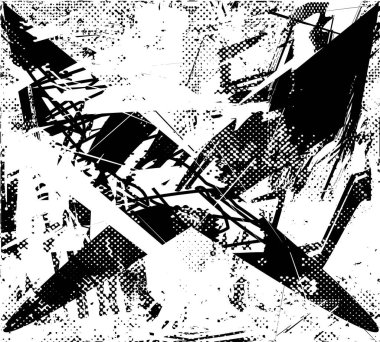 X harfi, noktalar, noktalar, çizikler ve çizgiler olan siyah beyaz bir arka plan. Soyut vektör illüstrasyonu.