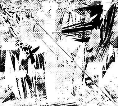 Siyah beyaz desenli, noktalı, lekeli, çizik ve çizikli sıkıntılı bir arkaplan. Soyut vektör illüstrasyonu.