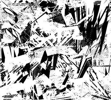 Siyah beyaz desenli, noktalı, lekeli, çizik ve çizikli sıkıntılı bir arkaplan. Soyut vektör illüstrasyonu.