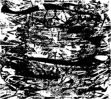 Siyah beyaz desenli, noktalı, lekeli, çizik ve çizikli sıkıntılı bir arkaplan. Soyut vektör illüstrasyonu.