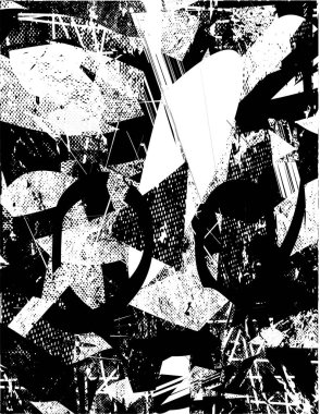 Siyah beyaz desenli, noktalı, lekeli, çizik ve çizikli sıkıntılı bir arkaplan. Soyut vektör illüstrasyonu.