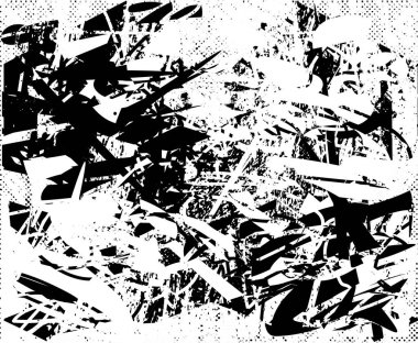 Siyah beyaz desenli, noktalı, lekeli, çizik ve çizikli sıkıntılı bir arkaplan. Soyut vektör illüstrasyonu.