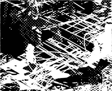 Siyah beyaz desenli, noktalı, lekeli, çizik ve çizikli sıkıntılı bir arkaplan. Soyut vektör illüstrasyonu.