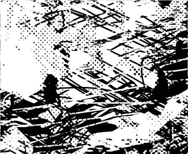 Siyah beyaz desenli, noktalı, lekeli, çizik ve çizikli sıkıntılı bir arkaplan. Soyut vektör illüstrasyonu.