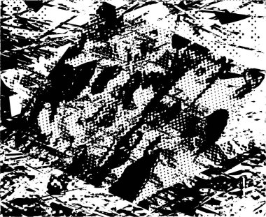 Siyah beyaz desenli, noktalı, lekeli, çizik ve çizikli sıkıntılı bir arkaplan. Soyut vektör illüstrasyonu.