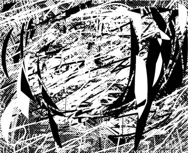 Siyah beyaz desenli, noktalı, lekeli, çizik ve çizikli sıkıntılı bir arkaplan. Soyut vektör illüstrasyonu.