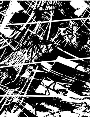 Siyah beyaz desenli, noktalı, lekeli, çizik ve çizikli sıkıntılı bir arkaplan. Soyut vektör illüstrasyonu.