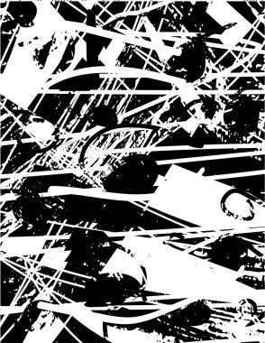 Siyah beyaz desenli, noktalı, lekeli, çizik ve çizikli sıkıntılı bir arkaplan. Soyut vektör illüstrasyonu.