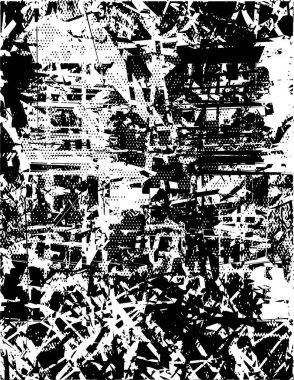 Siyah beyaz desenli, noktalı, lekeli, çizik ve çizikli sıkıntılı bir arkaplan. Soyut vektör illüstrasyonu.