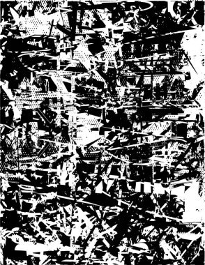 Siyah beyaz desenli, noktalı, lekeli, çizik ve çizikli sıkıntılı bir arkaplan. Soyut vektör illüstrasyonu.