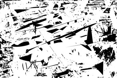 Siyah beyaz desenli, noktalı, lekeli, çizik ve çizikli sıkıntılı bir arkaplan. Soyut vektör illüstrasyonu.