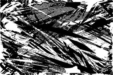 Siyah beyaz desenli, noktalı, lekeli, çizik ve çizikli sıkıntılı bir arkaplan. Soyut vektör illüstrasyonu.