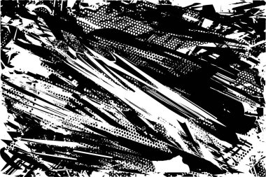 Siyah beyaz desenli, noktalı, lekeli, çizik ve çizikli sıkıntılı bir arkaplan. Soyut vektör illüstrasyonu.