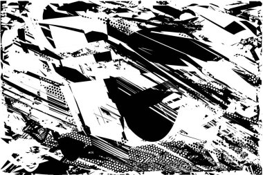 Siyah beyaz desenli, noktalı, lekeli, çizik ve çizikli sıkıntılı bir arkaplan. Soyut vektör illüstrasyonu.