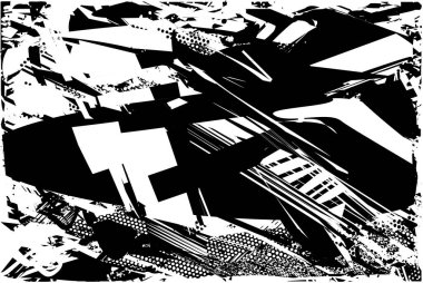 Siyah beyaz desenli, noktalı, lekeli, çizik ve çizikli sıkıntılı bir arkaplan. Soyut vektör illüstrasyonu.