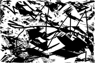 Siyah beyaz desenli, noktalı, lekeli, çizik ve çizikli sıkıntılı bir arkaplan. Soyut vektör illüstrasyonu.