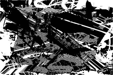 Siyah beyaz desenli, noktalı, lekeli, çizik ve çizikli sıkıntılı bir arkaplan. Soyut vektör illüstrasyonu.