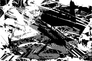 Siyah beyaz desenli, noktalı, lekeli, çizik ve çizikli sıkıntılı bir arkaplan. Soyut vektör illüstrasyonu.