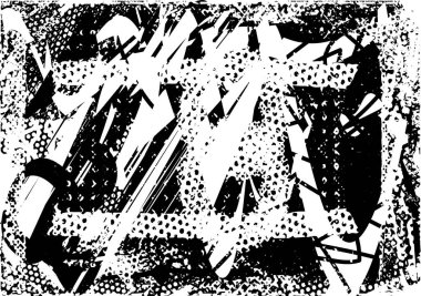 Siyah beyaz desenli, noktalı, lekeli, çizik ve çizikli sıkıntılı bir arkaplan. Soyut vektör illüstrasyonu.