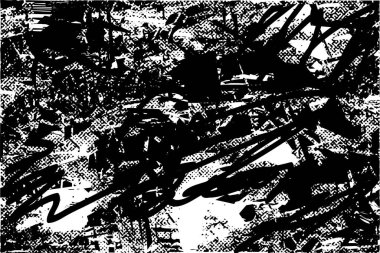 Siyah beyaz desenli, noktalı, lekeli, çizik ve çizikli sıkıntılı bir arkaplan. Soyut vektör illüstrasyonu.