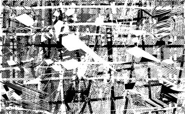 Siyah beyaz desenli, noktalı, lekeli, çizik ve çizikli sıkıntılı bir arkaplan. Soyut vektör illüstrasyonu.