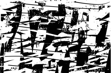 Siyah beyaz desenli, noktalı, lekeli, çizik ve çizikli sıkıntılı bir arkaplan. Soyut vektör illüstrasyonu.