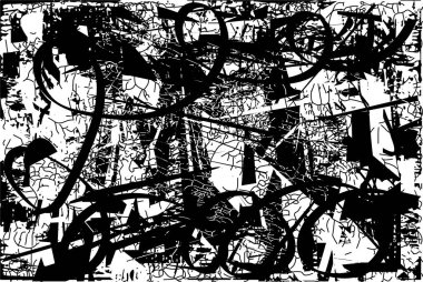 Siyah beyaz desenli, noktalı, lekeli, çizik ve çizikli sıkıntılı bir arkaplan. Soyut vektör illüstrasyonu.