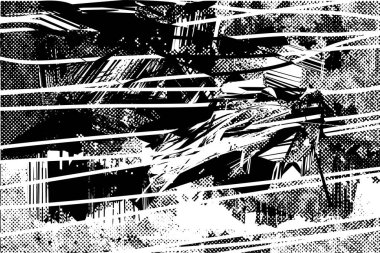 Siyah beyaz desenli, noktalı, lekeli, çizik ve çizikli sıkıntılı bir arkaplan. Soyut vektör illüstrasyonu.