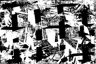 Siyah beyaz desenli, noktalı, lekeli, çizik ve çizikli sıkıntılı bir arkaplan. Soyut vektör illüstrasyonu.