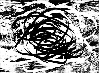 Siyah beyaz desenli, noktalı, lekeli, çizik ve çizikli sıkıntılı bir arkaplan. Soyut vektör illüstrasyonu.