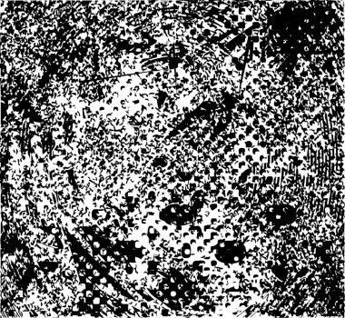 Siyah beyaz desenli, noktalı, lekeli, çizik ve çizikli sıkıntılı bir arkaplan. Soyut vektör illüstrasyonu.